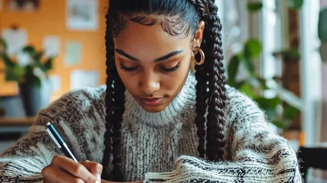 A high school student with braided hair writing in a workbook in an inclusive classroom setting.
