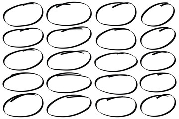Hand drawn circle highlighter set. Marker scratch scribble in rounder. Handwritten red circle For marking text, numbers, marker pen, pencil, logo, hand-drawn doodle grunge circle highlights.