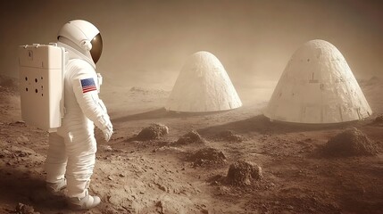 Astronaut surveying Martian habitats.