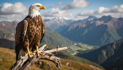 Fototapeta premium Eagle perched majestically overlooking a mountain landscape 
