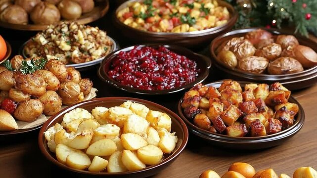 A holiday feast featuring side dishes like cranberry sauce, roasted potatoes, and stuffing in vivid detail.