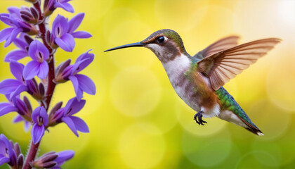Naklejka premium Hummingbird hovering near vibrant purple flowers 