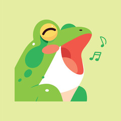 Frog sings with its mouth wide open, eyes closed in joy, and musical notes floating around. Vector cartoon illustration, great for children’s books, stickers, music-themed designs, and digital art.