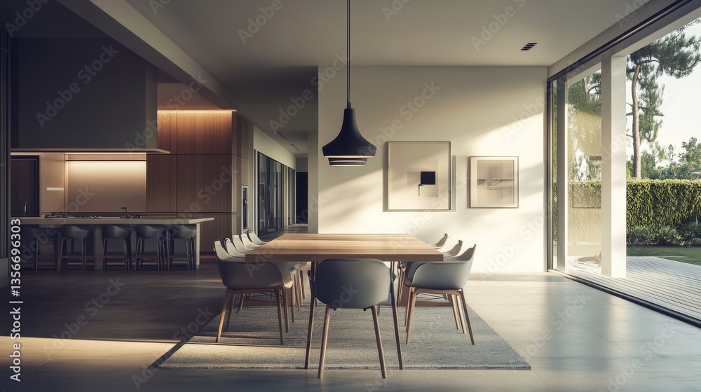Poster An open-concept dining area with a minimalist dining table and chairs, paired with a modern pendant light and a subtle color palette for a sophisticated look.
