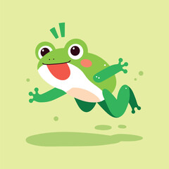 Happy frog is joyfully jumping in mid-air. Fun, energetic cartoon illustration full of movement and playfulness. Perfect for children's content and designs. Vector isolated on green background.