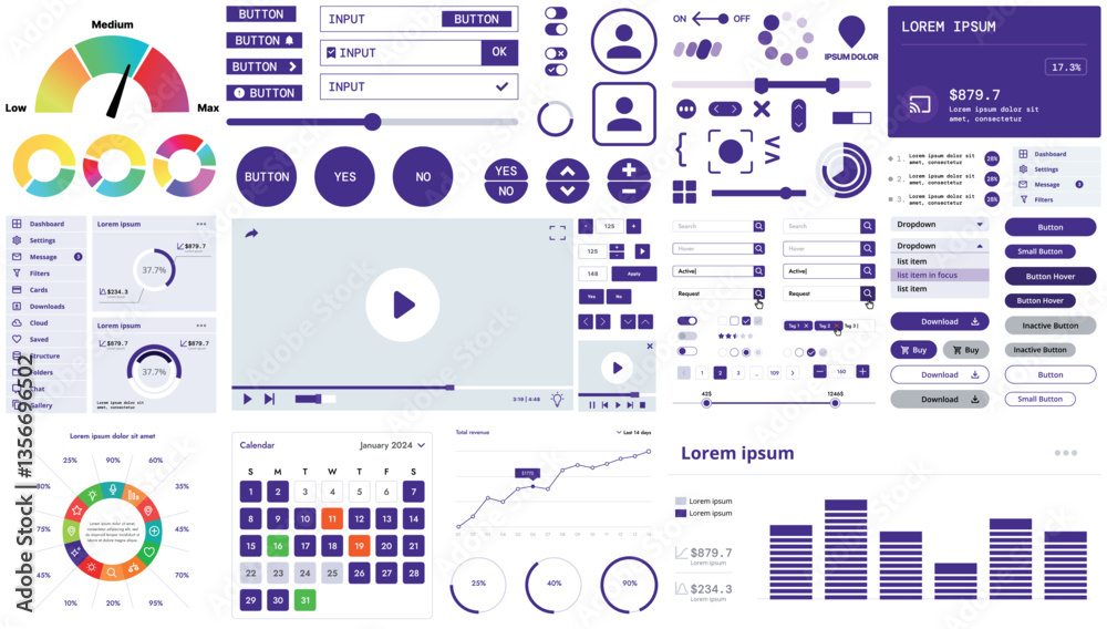 Wall mural a modern interface kit with buttons, graphs, and elements for creating web applications and dashboar