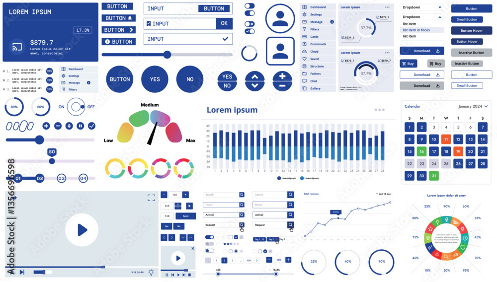 Wall mural a modern interface kit with buttons, graphs, and elements for creating web applications and dashboar