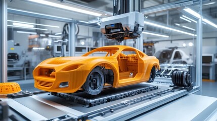 Robotic arm 3D printing an orange car chassis in a modern factory.
