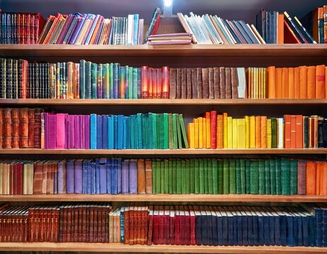 A vibrant display of books on shelves celebrating diversity and pride.