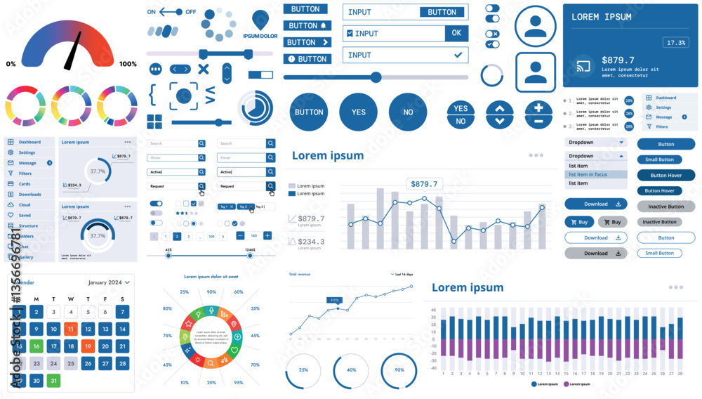 Wall mural a modern interface kit with buttons, graphs, and elements for creating web applications and dashboar