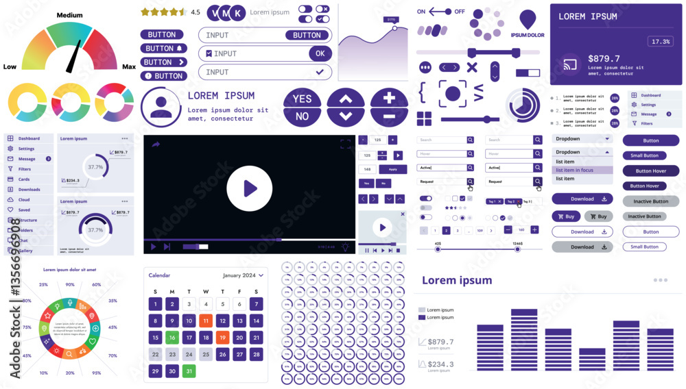 Wall mural a modern interface kit with buttons, graphs, and elements for creating web applications and dashboar