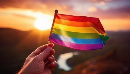 A person lifts a rainbow flag high, embracing pride as the sun sets on the horizon.