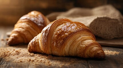 Fototapeta premium Freshly Baked Croissant on Wooden Table with Rustic Background