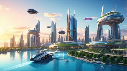Fototapeta premium Futuristic cityscape at sunset featuring modern
