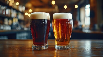 Two beers on a bar top