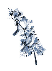 Sparrow bird sitting on floral tree branch raster illustration. Pink blooming flowers on white background. Spring blossoms and twig with leaves isolated watercolour design element
