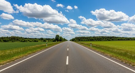 Fototapeta premium A long straight road stretches into the distance under a bright blue sky with fluffy white clouds