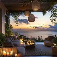 Cozy outdoor living space with candles, plants, and sunset view over the ocean.