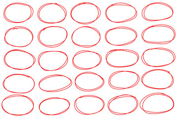 Red circle, pen draw. Marker scratch scribble in rounder. Round scrawl frames. For marking text, numbers, marker pen, pencil, logo and text check. Vector illustration