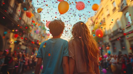 Obraz premium Children watching a street parade with balloons and confetti