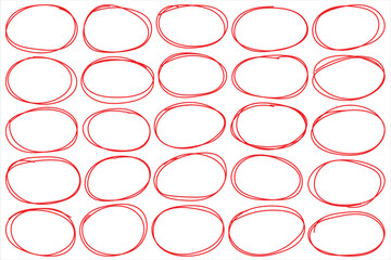 Red circle, pen draw. Marker scratch scribble in rounder. Round scrawl frames. For marking text, numbers, marker pen, pencil, logo and text check. Vector illustration
