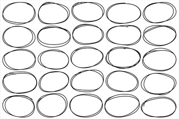 Marker scratch scribble in rounder. Black pen drawn marks. Handwritten black circle. For marking text, numbers, marker pen, pencil, logo and text check. Highlight circle frames. Vector illustration