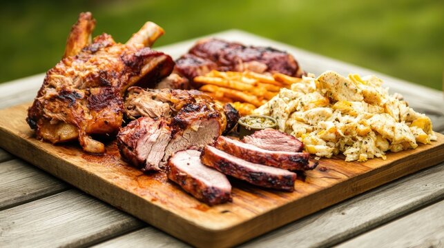 Savory grilled meats arranged beautifully on wooden platter, gar