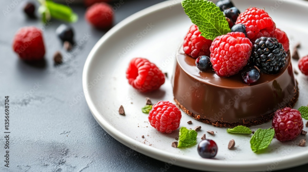 Poster a close-up of a chocolate dessert with a glossy ganache, garnished with fresh berries and mint, set 