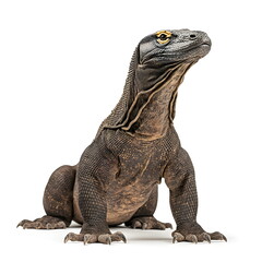 Obraz premium A realistic portrait of a Komodo dragon standing in side view, isolated on a white background. A powerful, well-built reptile with rough, scaly dark greyish-brown skin, a broad head, piercing yellow 