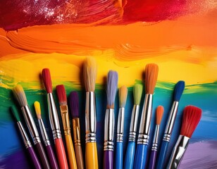 Artistic display of colorful paintbrushes against a bold rainbow backdrop symbolizing lgbt pride.