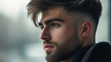 Obraz premium A close-up of a man with a stylish undercut hairstyle, showing the contrast between the short sides and longer top, with a modern and clean look.