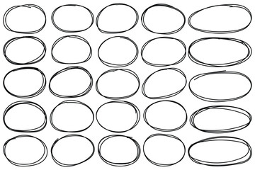 Scribble ovals, bubbles to circle and highlight text. Circle, pen draw. Vector marker circular line, doodle round circles for message note. Handwriting horizontal ellipses isolated on white background