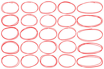 Set of hand drawn red circles and ovals. Red circle, pen draw. Highlight circle frames. Handwritten red circle. For marking text, numbers, marker pen for text check, vector illustration.