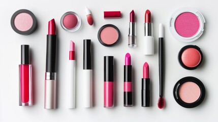 Obraz premium A collection of trendy womens cosmetic products, including lipsticks, nail polishes, and skincare items, artistically arranged on a clean, white background for a fresh, modern look.