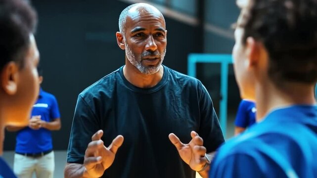 A mid-adult coach giving instructions to players during a basketball practice session.