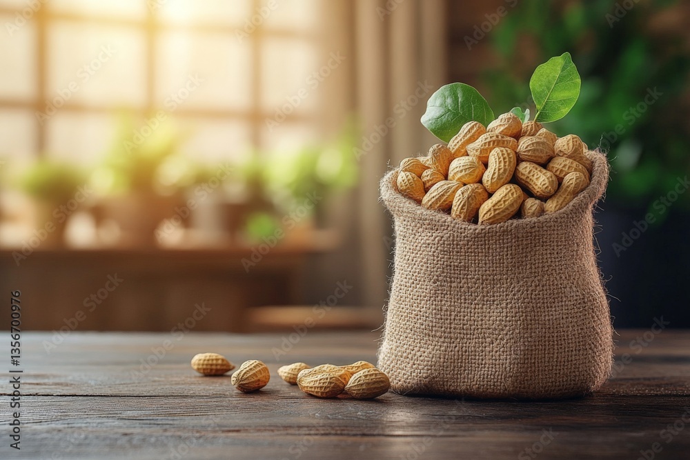 Poster Freshly harvested peanuts in a rustic sack on wooden table with soft sunlight shining through window