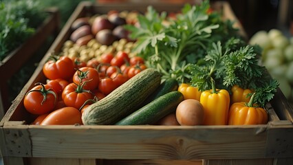 Fresh and colorful vegetables displayed in a wooden crate at a local market.  