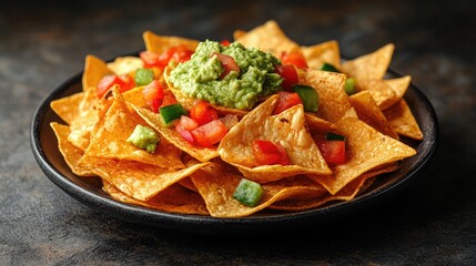 A tasty plate of corn tortilla chips with fresh guacamole, salsa, and cheese, a delicious Mexican appetizer