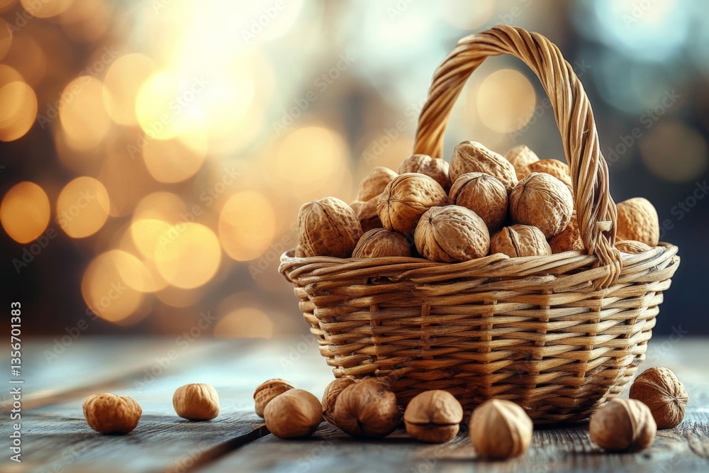 Poster A basket filled with freshly harvested nuts displayed on a wooden table with a warm bokeh background
