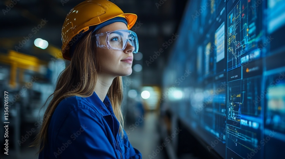 Poster a dedicated worker wearing safety gear analyzes logistics information displayed on a high tech scree