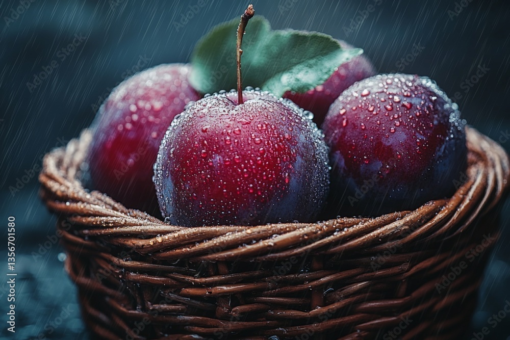 Poster freshly washed ripe red plums resting in a woven basket while rain gently falls around them in a ser