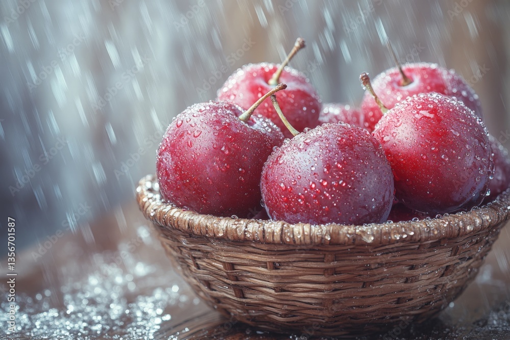 Aufkleber fresh red apples in a wicker basket with droplets of water cascading around them during a rainy day