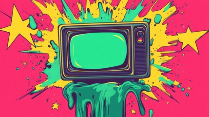 Retro TV with vibrant paint splatter, stars, and green screen.