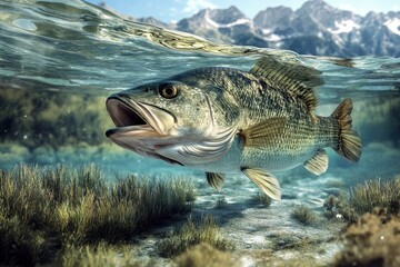 Big perch swimming in the lake. View -underwater, algae, stones on the bottom. Sunlight underwater. Advertising style. hyperrealistic.
