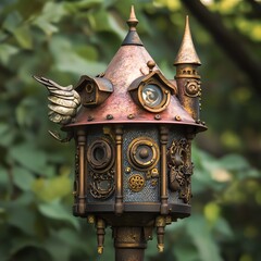 Whimsical steampunk birdhouse with intricate details on a blurred garden background.
