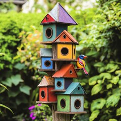 Colorful birdhouses with a bird, green garden in the background, nature scene.