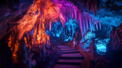 Colorful Illuminated Cave Pathway with Stalactites and Stalagmites