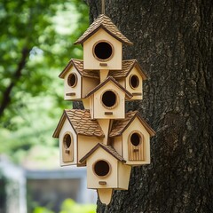 Wooden birdhouse cluster hanging on tree, surrounded by lush greenery.
