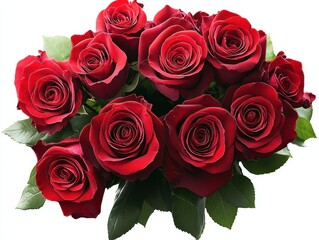Obraz premium Romantic bouquet of deep red roses with lush green leaves against a clean white background perfect for love and romance