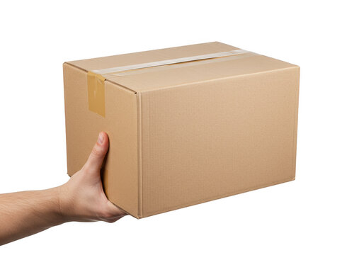 A hand holding a medium-sized closed cardboard box with brown packing tape sealing the top isolated on transparent background
